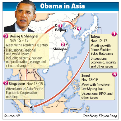 Das Weiße Haus hat am Donnerstag bekannt gegeben, dass Präsident Barack Obama Mitte November seine erste Asienreise nach Japan, Singapur, China und Südkorea antreten wird. Handel und Klima sind die Hauptthemen.