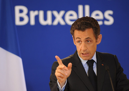 French President Nicolas Sarkozy addresses a press conference held after the close of the two-day European Union spring summit in Brussels, capital of Belgium, March 20, 2009.[Xinhua]