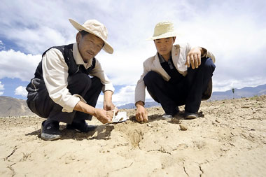 Two agricultural technology workers inspect the farmlands in Shannan Prefecture in Tibet Autonomous Region. 