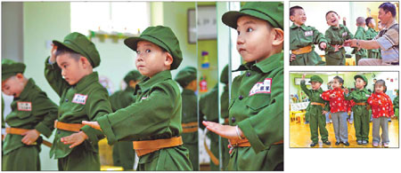 Clockwise from left: Children rehearse a scene from Peking Opera at Qunying Kindergarten in Fengtai district; An artist from Beijing Peking Opera Theater shares a joke with students; Children watch and copy a selection of operatic gestures.