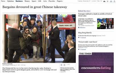 Figure 4: 'The Chinese led the way in the rush to the Boxing Day sales, flocking to department stores to grab designer goods', The Times of London, 27 December 2011.