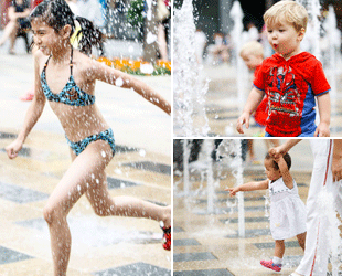 In den vergangenen Tagen war die Hauptstadt fest im Griff einer sommerlichen Hitzewelle. Für die Kinder sind Springbrunnen wohl die beste Möglichkeit, um sich abzukühlen.