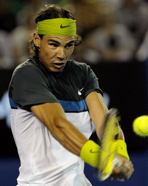 Spain's Rafael Nadal returns to Belgium's Christophe Rochus during first round of the men's singles match at the Australian Open tennis tournament in Melbourne Jan. 20, 2009. Nadal won 3-0 and advanced to the next round.
