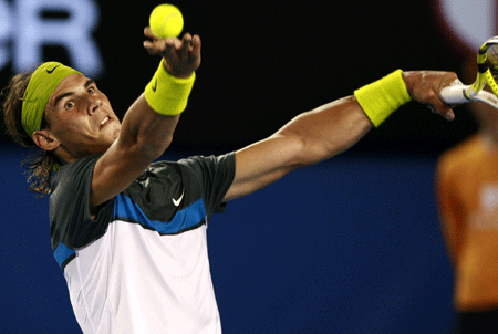 Spain's Rafael Nadal serves to Belgium's Christophe Rochus during first round of the men's singles match at the Australian Open tennis tournament in Melbourne Jan. 20, 2009. Nadal won 3-0 and advanced to the next round.