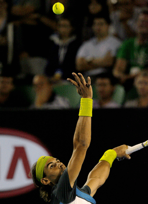 Spain's Rafael Nadal serves to Belgium's Christophe Rochus during first round of the men's singles match at the Australian Open tennis tournament in Melbourne Jan. 20, 2009. Nadal won 3-0 and advanced to the next round.