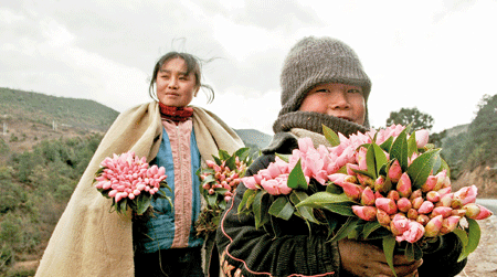 Children pick wild flowers in the mountains to sell on the highway during the holidays.