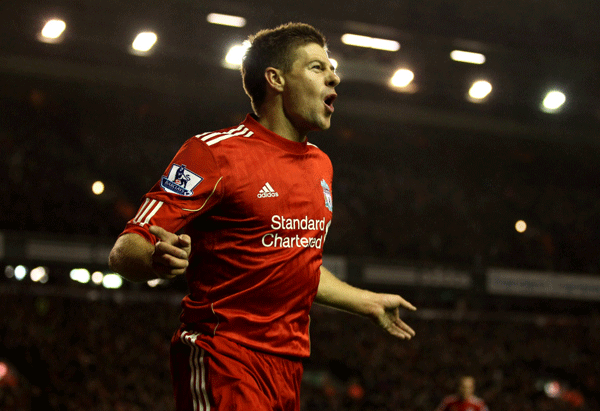 Steven Gerrard of Liverpool celebrates after scoring in a Premier League game between Liverpool and Newcastle at Anfield on Dec. 30, 2011.
