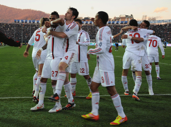  Players of AC Milan celebrate Kevin-Prince Boateng's goal during a Serie A match between AC Milan and Atlanta on Jan.8, 2012.