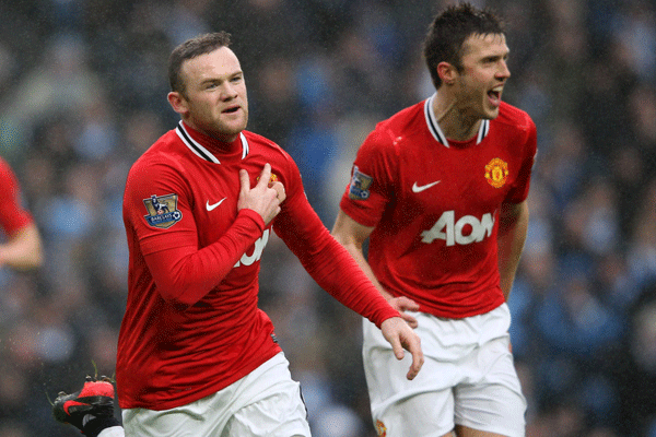 Wayne Rooney of Manchester United celebrates goal against Manchester City during a FA Cup match on Jan.8, 2012.[Source:Sina.com]