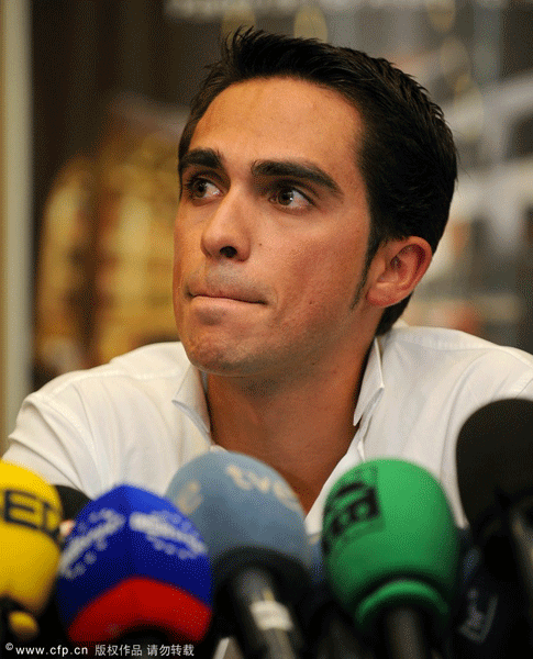  Alberto Contador listens to questions from the media during his press conference pleading his innocence after being tested positive for clenbuterol, a fat-burning and muscle-building drug, during the year's Tour de France, on September 30, 2010 in Pinto, Spain.