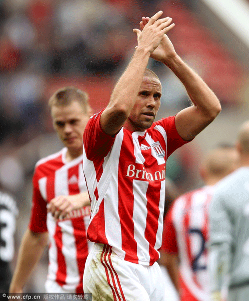 Matthew Upson of Stoke celebrates their victory after the Barclays Premier League match between Stoke City and Liverpool at Britannia Stadium on September 10, 2011 in Stoke on Trent, England. 