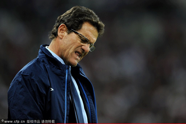 Manager Fabio Capello of England shows his frustration during the UEFA EURO 2012 Group G Qualifying match between England and Montenegro at Wembley Stadium on October 12, 2010 in London, England.