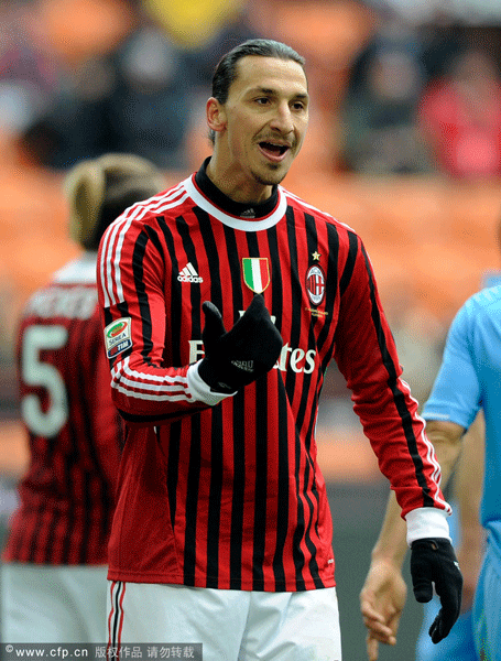 Zlatan Ibrahimovic of AC Milan reacts during the Serie A match between AC Milan and SSC Napoli at Stadio Giuseppe Meazza on February 5, 2012 in Milan, Italy. 