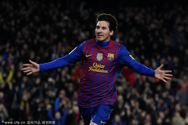 Lionel Messi of FC Barcelona celebrates after scoring his team's fourth goal during the La Liga match between FC Barcelona and Valencia CF at Camp Nou stadium on February 19, 2012 in Barcelona, Spain. 