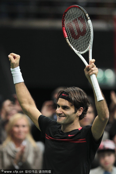  Roger Federer of Switzerland celebrates his victory over Juan Martin Del Potro of Argentina in the Final on day 7 of the ABN AMRO World Tennis Tournament on February 19, 2012 in Rotterdam, Netherlands. 
