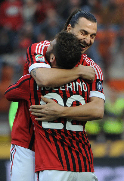 Zlatan Ibrahimovic and Antonio Nocerino celebrate scoring in a Serie A game between AC Milan and Lecce at San Siro stadium on March 11, 2012.
