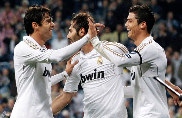 Kaka and C.Ronaldo celebrate scoring in UEFA Champions League second leg between Real Madrid and APOEL on Wednesday night in Madrid.