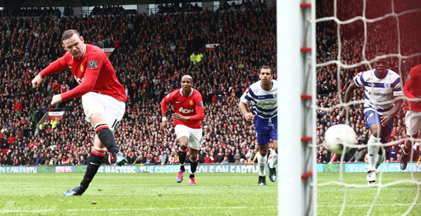  Wayne Rooney scored the penalty during Manchester United's 2-0 win over Queens Park Rangers at Old Trafford on April 8, 2012.