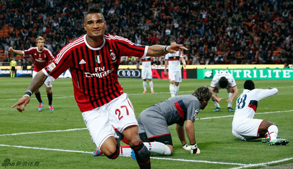 Kevin-Prince Boateng celebrates after scoring in a Serie A match between AC Milan and Genoa on April 25, 2012.
