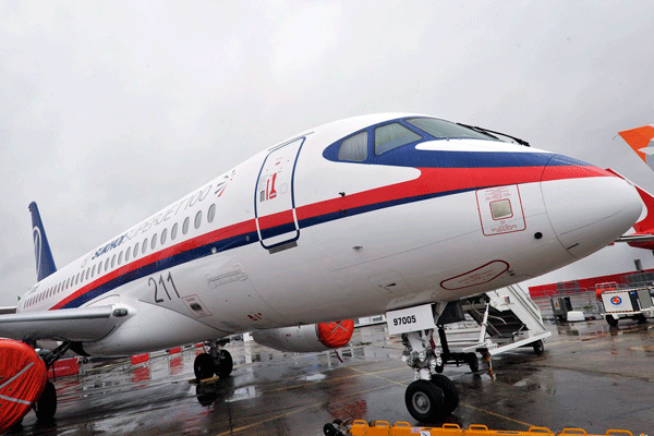  A file picture dated 21 June 2011 shows a Sukhoi Superjet 100 airplane on the tarmac at the Paris Air Show 2011 at Le Bourget, Paris, France.