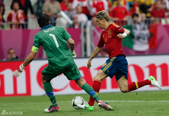  Fernando Torres tries to dribble past Iker Casillas.