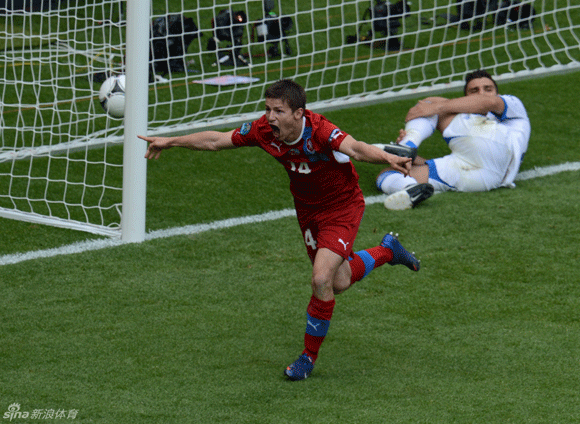 Vaclav Pilar of Czech Republic celebrates after scoring their second goal during their UEFA EURO 2012 Group A match against Greece.