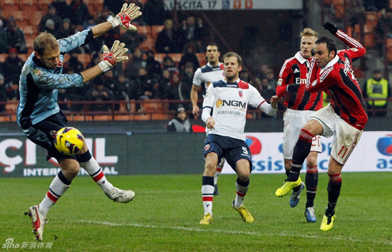 Milan's Gianpaolo Pazzini shoots to score past Bologna's goalkeeper Federico Agliardi during their Italian Serie A.