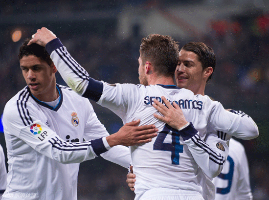 Sergio Ramos celebrated with Cristiano Ronaldo after scoring the second goal for Real Madrid in a La Liga match against Rayo Vallecano on Feb.17, 2013.