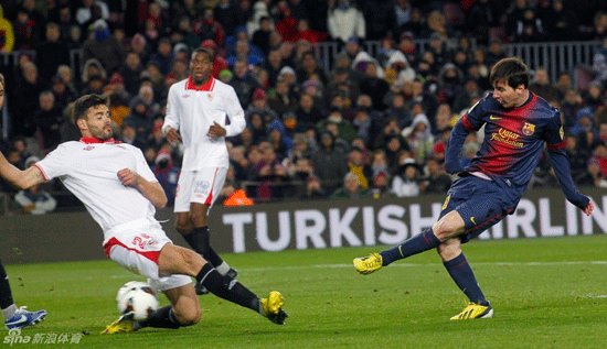 Leo Messi scored the second goal for Barcelona in a La Liga match between Barcelona and Sevilla on Feb.22, 2013.