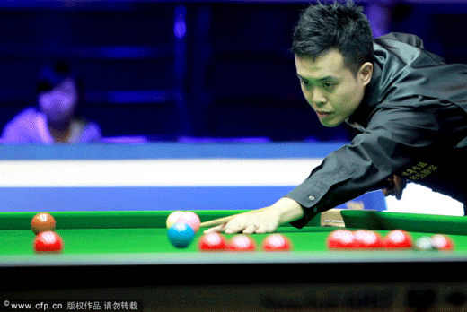 Marco Fu hits a ball in the first round match of Haikou World Open against Mark Williams.