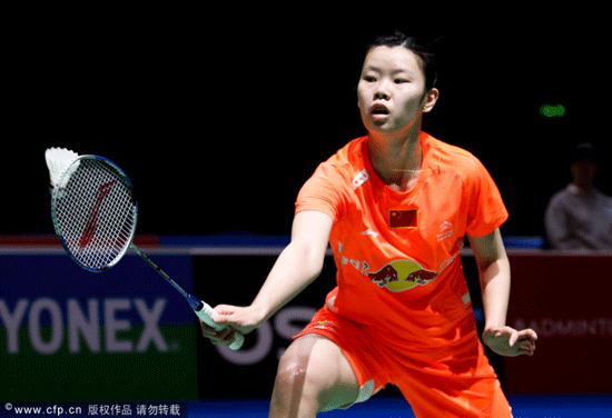 China's top seed Li Xuerui returns a ball to Bae Yeon-ju of South Korea during their All-England Open first-round match in Birmingham yesterday. 