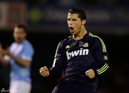 Cristiano Ronaldo celebrate after converting the penalty in a La Liga match between Real Madrid and Cleta Vigo on March 10, 2013.