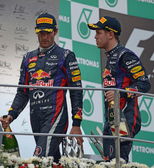 Mark Webber is upset as Sebastian Vettel ignores team order and snatches victory from him.