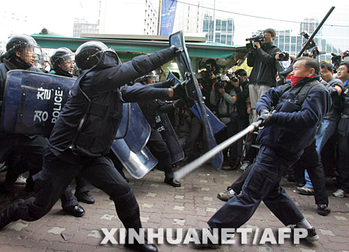 11月11日，韩国防暴警察在首都首尔与示威者发生冲突。