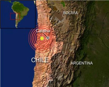 地震方位示意图：震中位于卡拉马（Calama）附近
