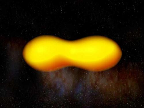 科学家发现奇特的两颗恒星彼此接近，像一个“花生”。图为“大花生”双恒星的示意图。 
