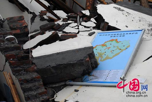 2008年5月14日，四川白水河保護區大坪保護站倒塌的房屋。四川國家級白水河保護區為大熊貓棲息地。 羅小韻/攝影