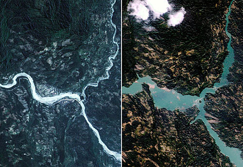 5月26日，这张卫星照片显示北川附近的唐家山堰塞湖在地震后的形成过程。