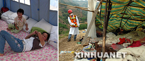 5月24日，在地震灾区平武县城郊一处安置点,两名受灾儿童住进整洁的救灾帐篷。