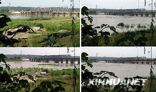 这张拼版照片中，左上、左下、右上、右下图依次为记者在6月8日、6月10日11时、14时、15时拍摄的宝成铁路涪江大桥附近江水水位