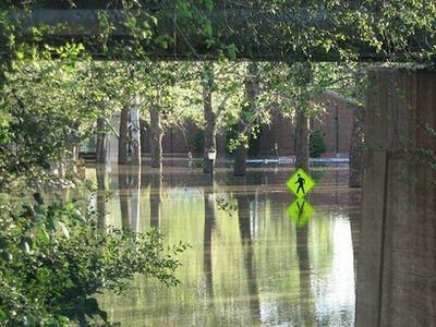 爱荷华市的洪水水位仍在上升，图为该市大学艺术学院校园道路指示牌。