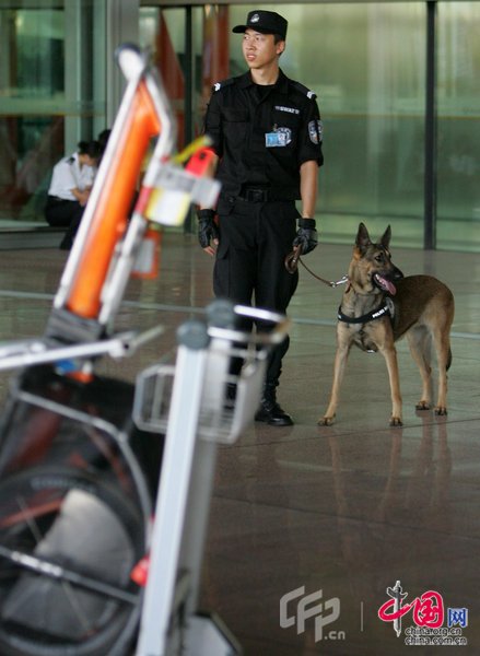 特警帶領警犬巡邏保障殘奧設施轉運安全