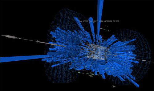歐洲大型強(qiáng)子對(duì)撞機(jī)產(chǎn)生第一批圖片。被加速的第一批質(zhì)子以近光速撞進(jìn)對(duì)撞機(jī)里的一個(gè)被稱為瞄準(zhǔn)儀的吸納裝置，產(chǎn)生了粒子碎片雨。