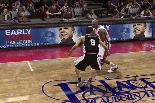 《實況NBA 08》，廣告牌上寫著提前投票已開始。