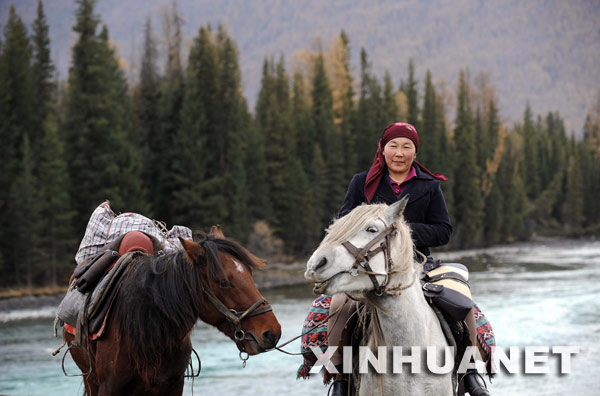 在新疆喀納斯旅游風(fēng)景區(qū)，一名哈薩克族婦女騎馬回家（10月13日攝）。 深秋時節(jié)，新疆喀納斯旅游風(fēng)景區(qū)呈現(xiàn)出別樣的湖光山色，景色醉人。 新華社記者 沙達(dá)提 攝 