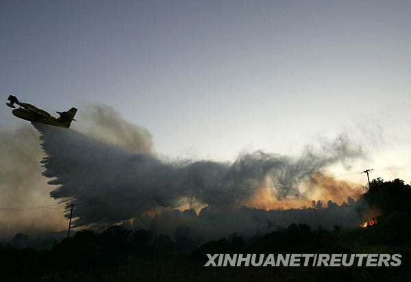 7月22日，一架飛機(jī)在距希臘首都雅典西北約130公里的阿里維利村滅火。阿里維利村當(dāng)天發(fā)生森林大火