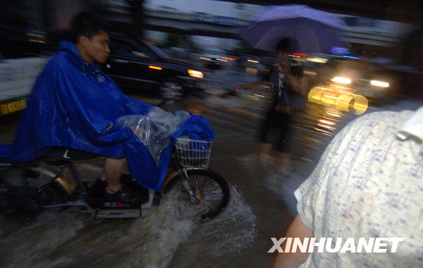  8月6日，海口市民在市区主干道涉水行进。