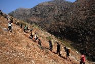 村民背着水走在陡峭的山崖上（3月7日摄）。村民需要背着几十公斤重的水桶，从海拔1000多米的江边，小心翼翼地往海拔1800多米的村中跋涉。图片来源：新华网秦晴 摄