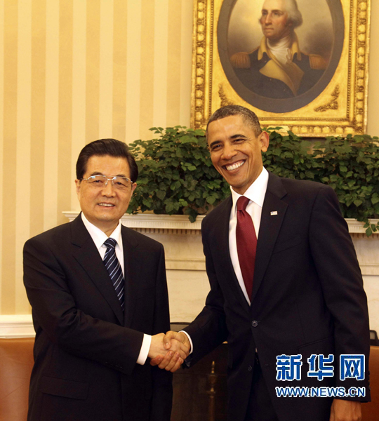资料图片:1月19日,中国国家主席胡锦涛在华盛顿同美国总统奥巴马举行