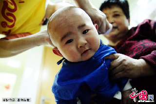 为讨个好彩头，许多家长带着孩子到理发店理发。图为山东烟台七个月大的婴儿林梓琪在“剃龙头”时一脸的好奇。中国网图片库 李志勇摄